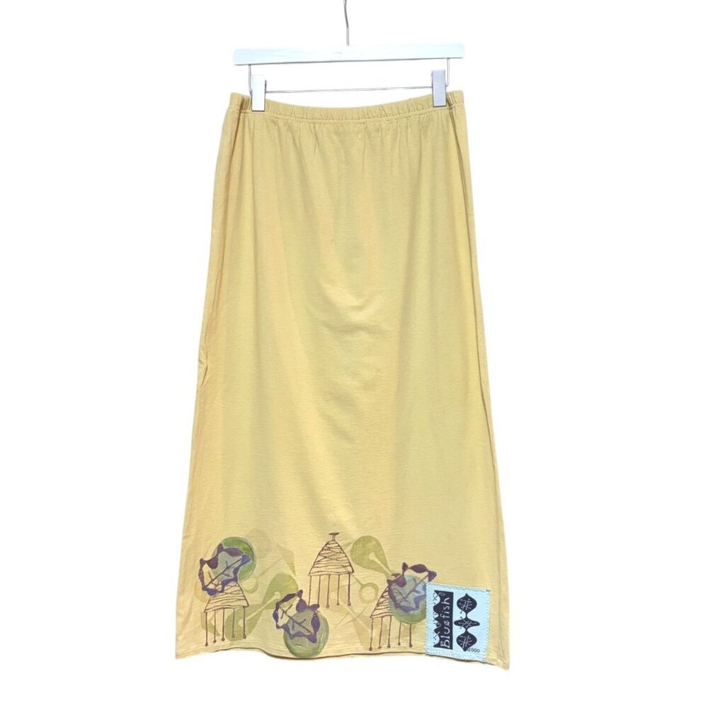 Y2K Blue Fish Maxi Skirt 2000 Size 1 US L Lagenlook Art Organic 100% Cotton